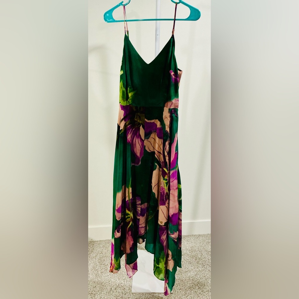 Lavender Brown Asymmetrical Dress with Green and Purple Floral Design